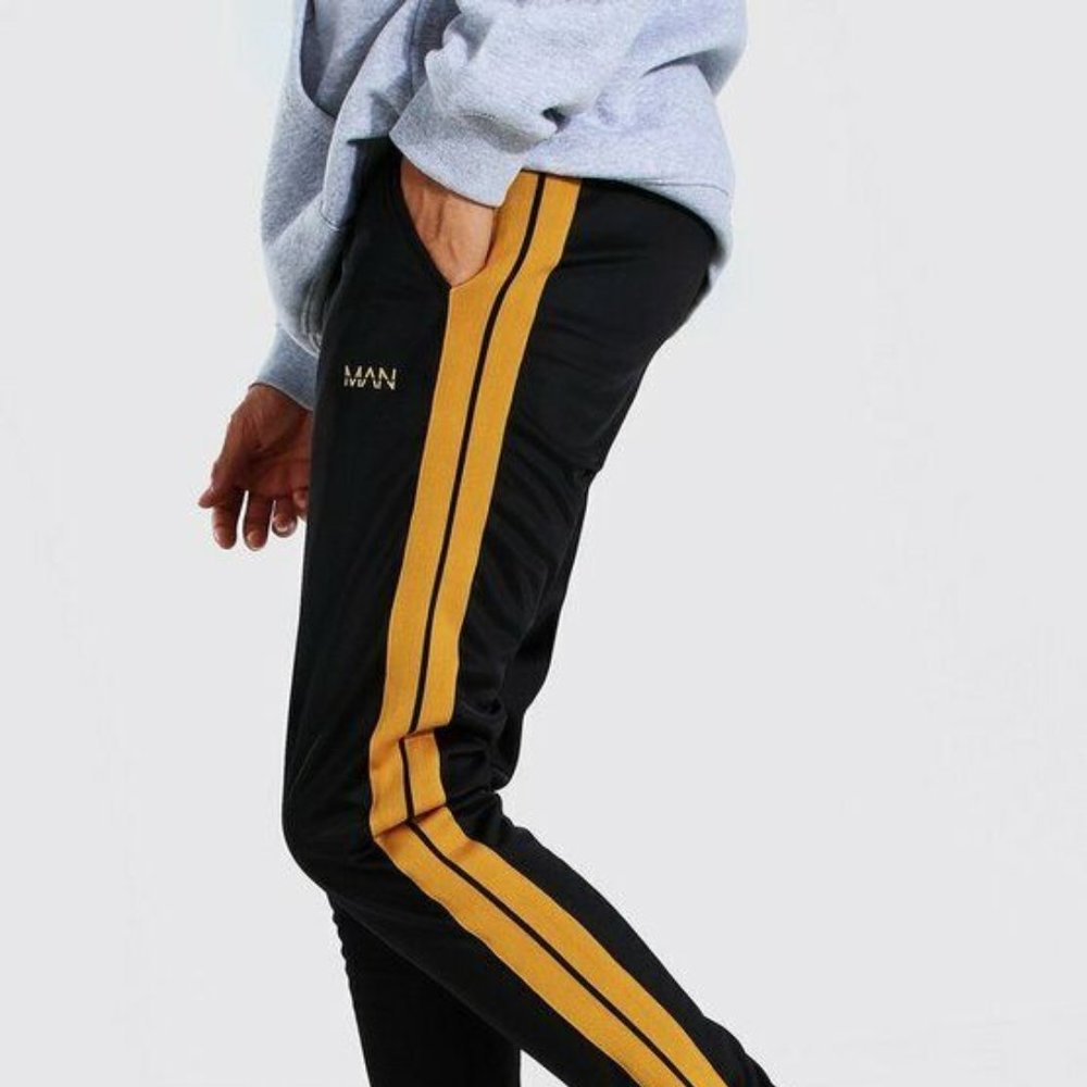 Man Men's LARGE BLACK Tall Slim Fit Tricot Jogger with Yellow Tape